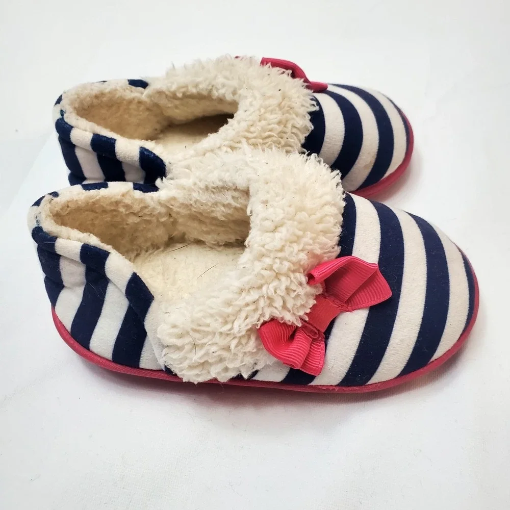 Girl Slippers ♡ Toddler Shoes ♡ Navy Blue & White Stripes W/Pink Bows ♡ Size 7/8